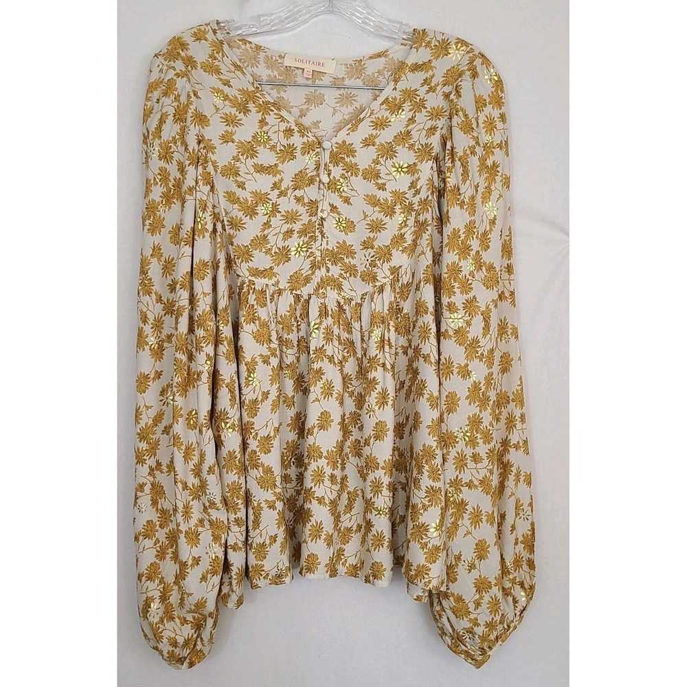 Solitaire XL Women's Peasant Boho Long Sleeve Top Blouse Gold Floral Oversized